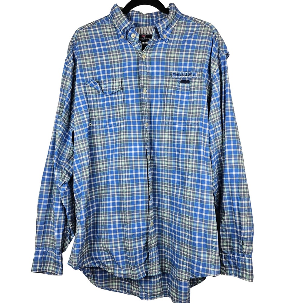 Vineyard Vines Performance Harbor Shirt Men's XL‎ Blue Plaid Vented Fishing